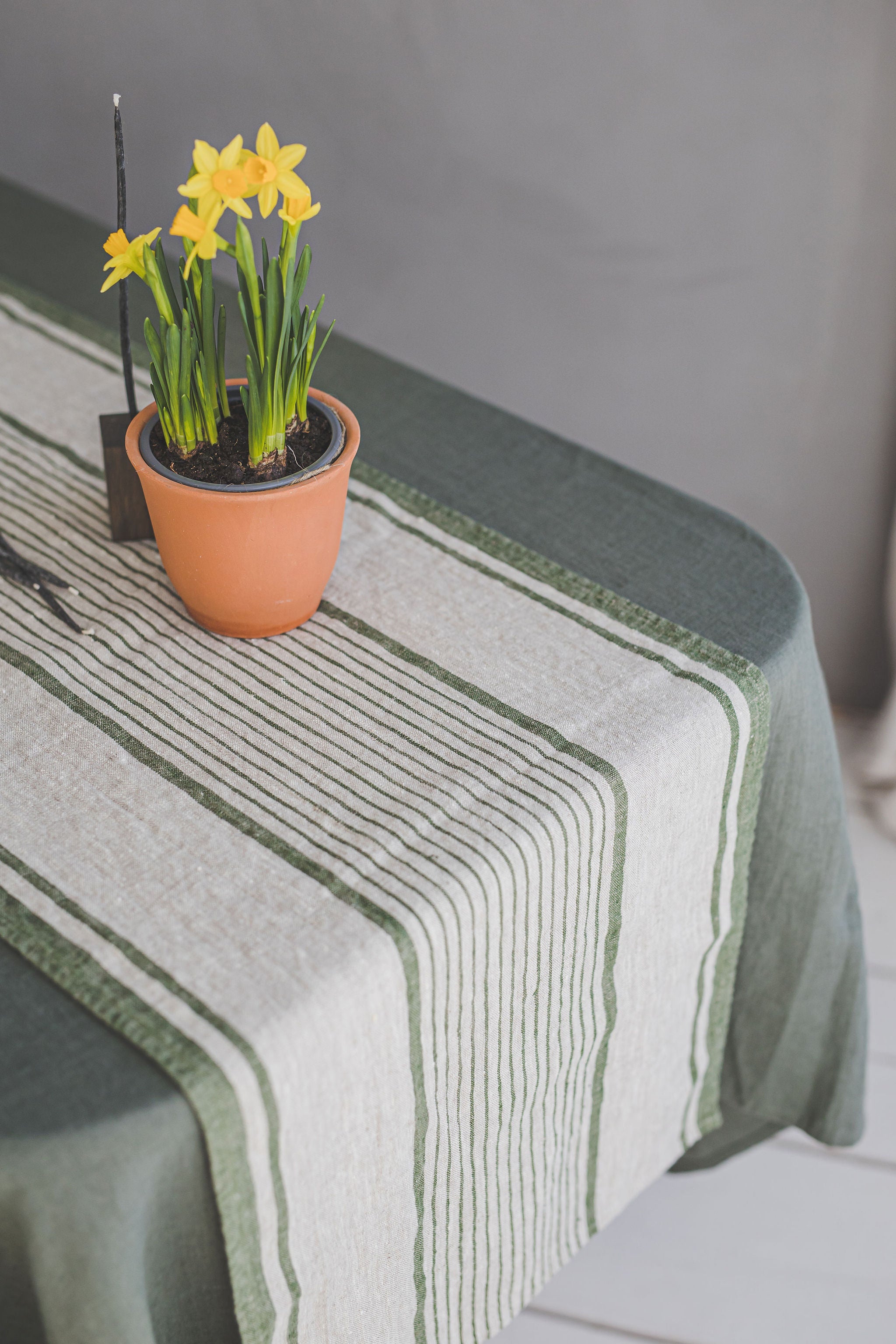French style linen table runner with green stripes