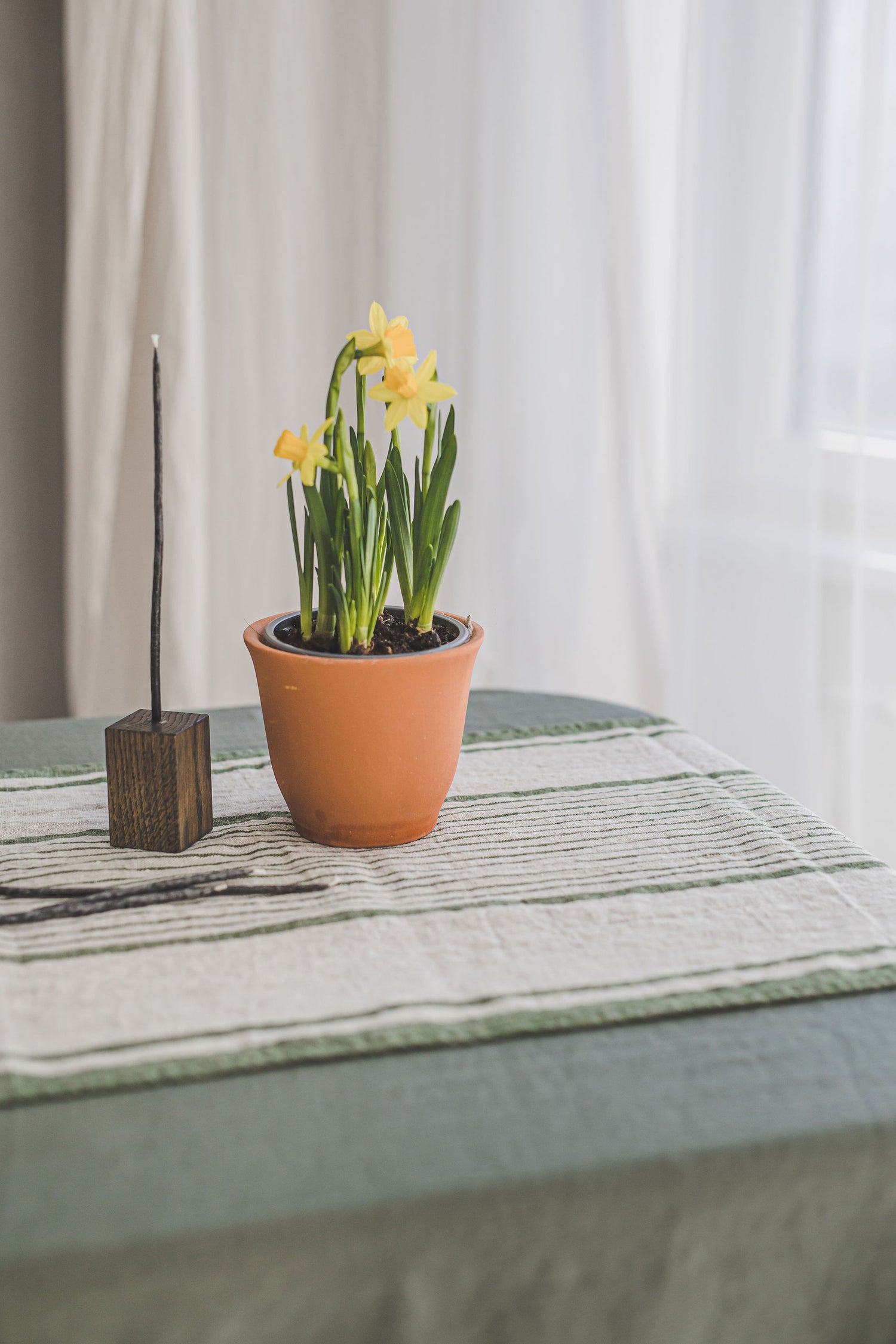 French style linen table runner with green stripes