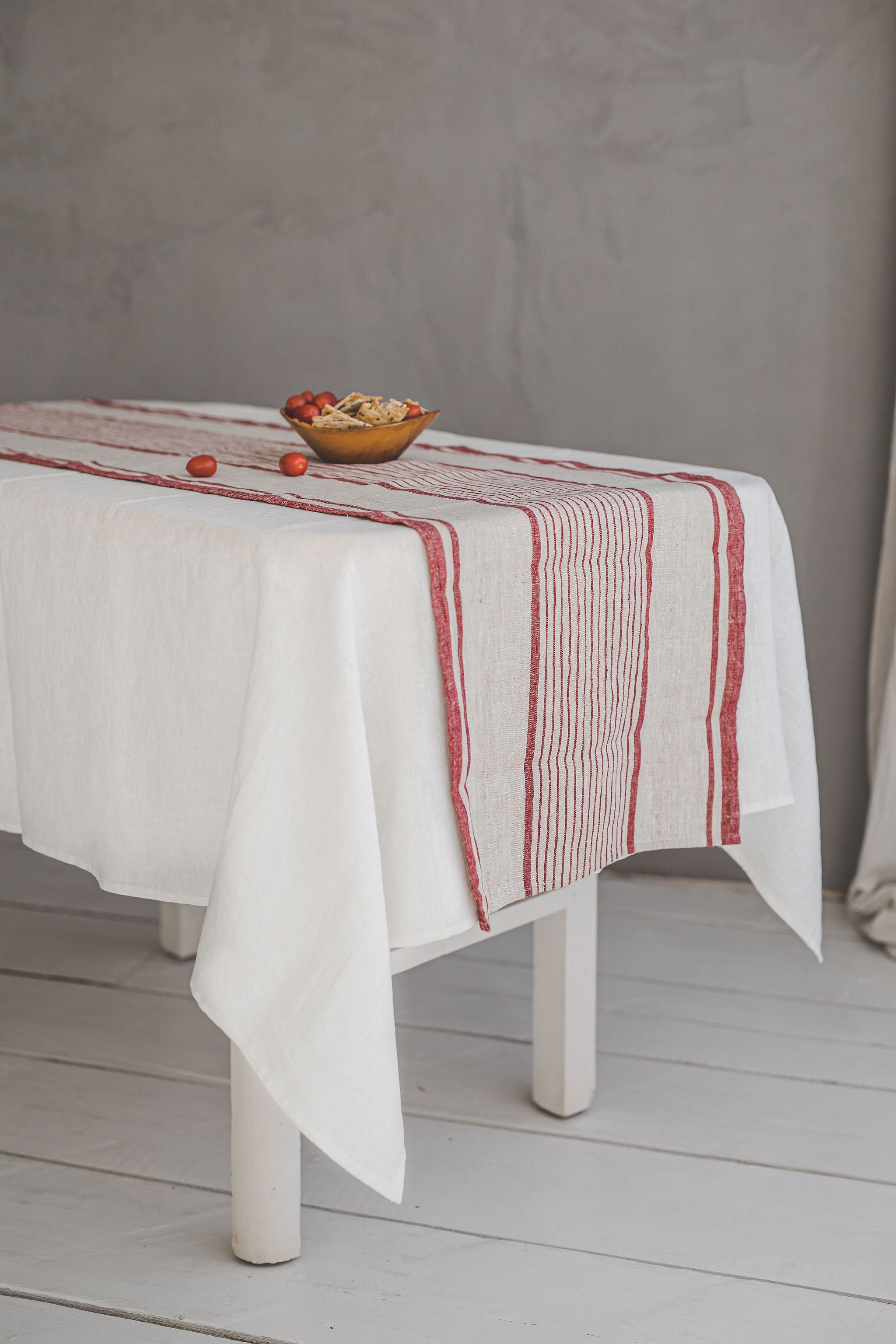 French style linen table runner with cherry red stripes