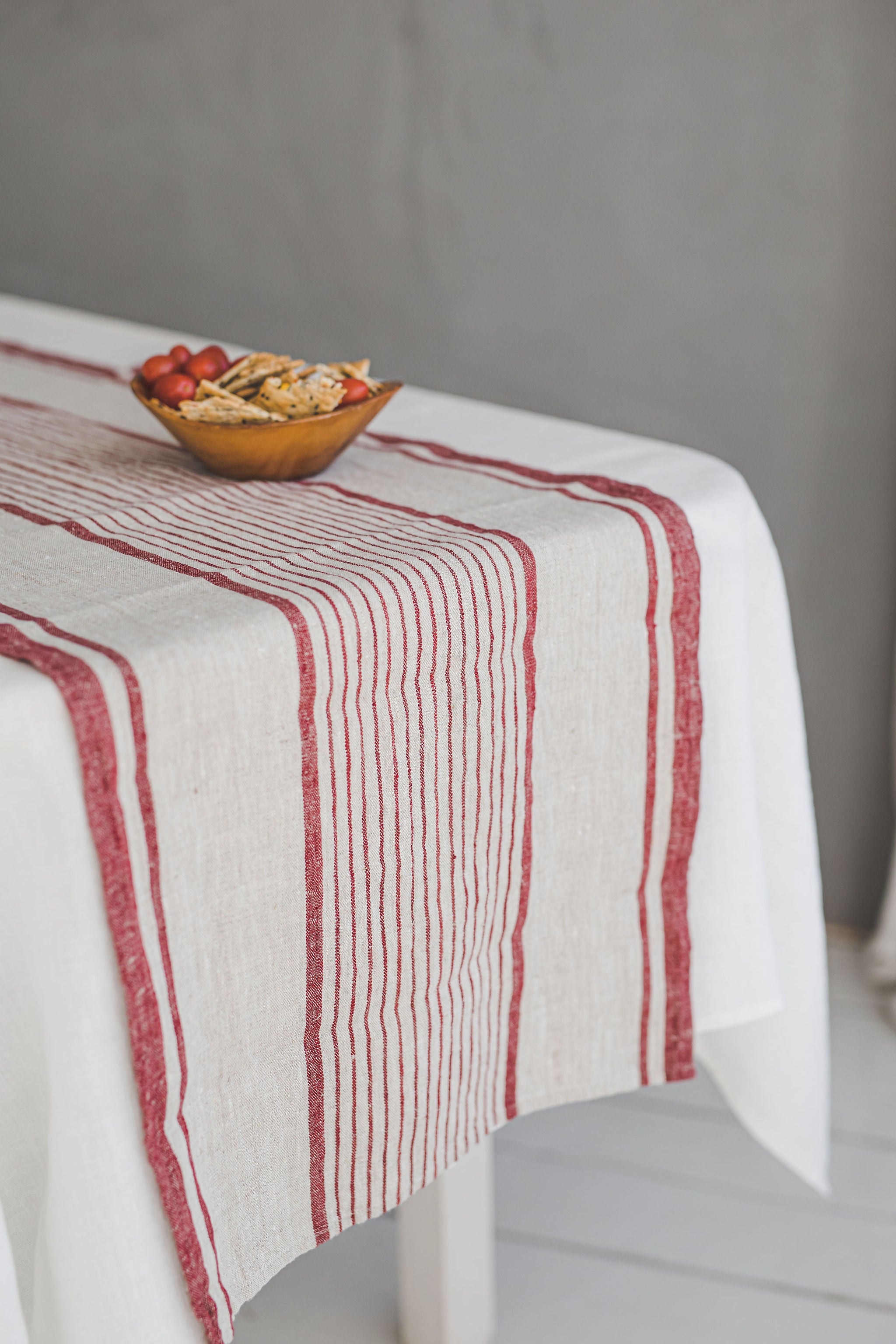 French style linen table runner with cherry red stripes