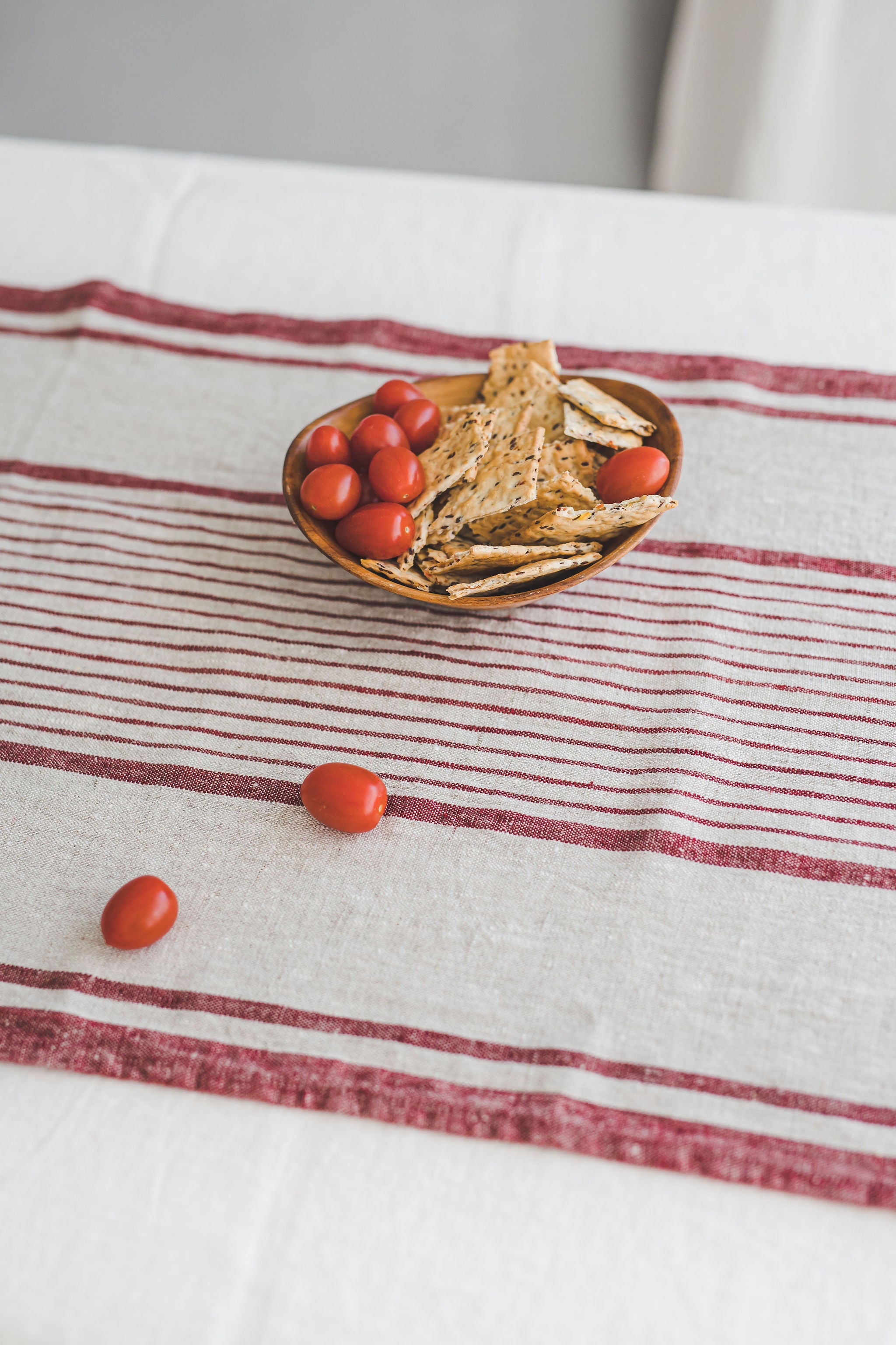 Linen table runner with cherry red stripes
