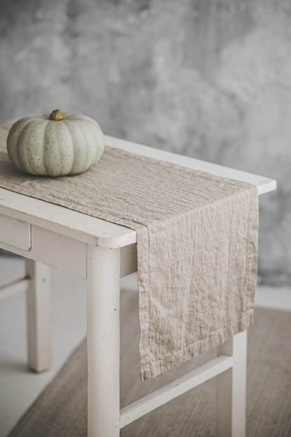 Natural linen table runner with mitered corners