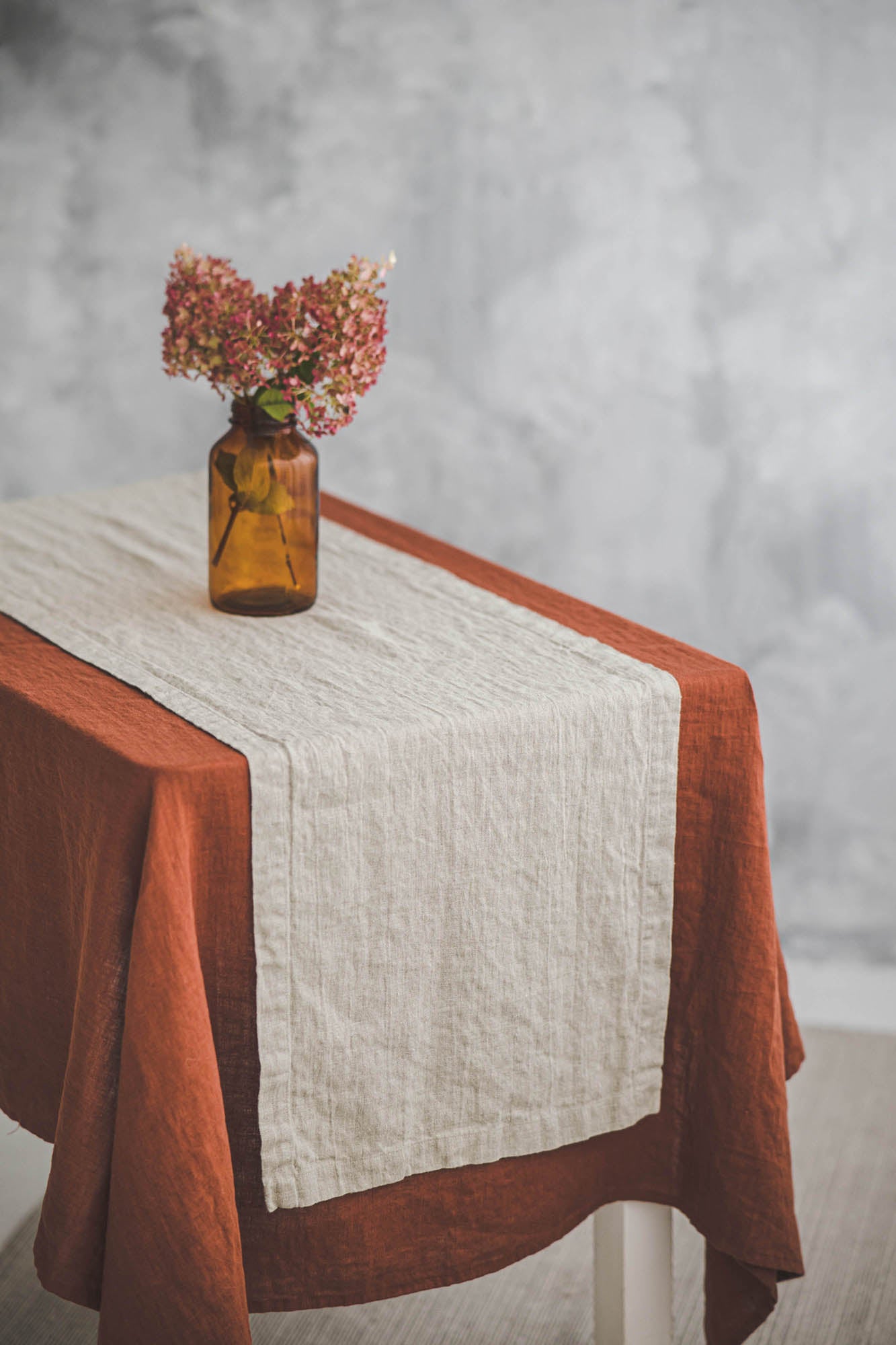 Natural linen table runner with mitered corners