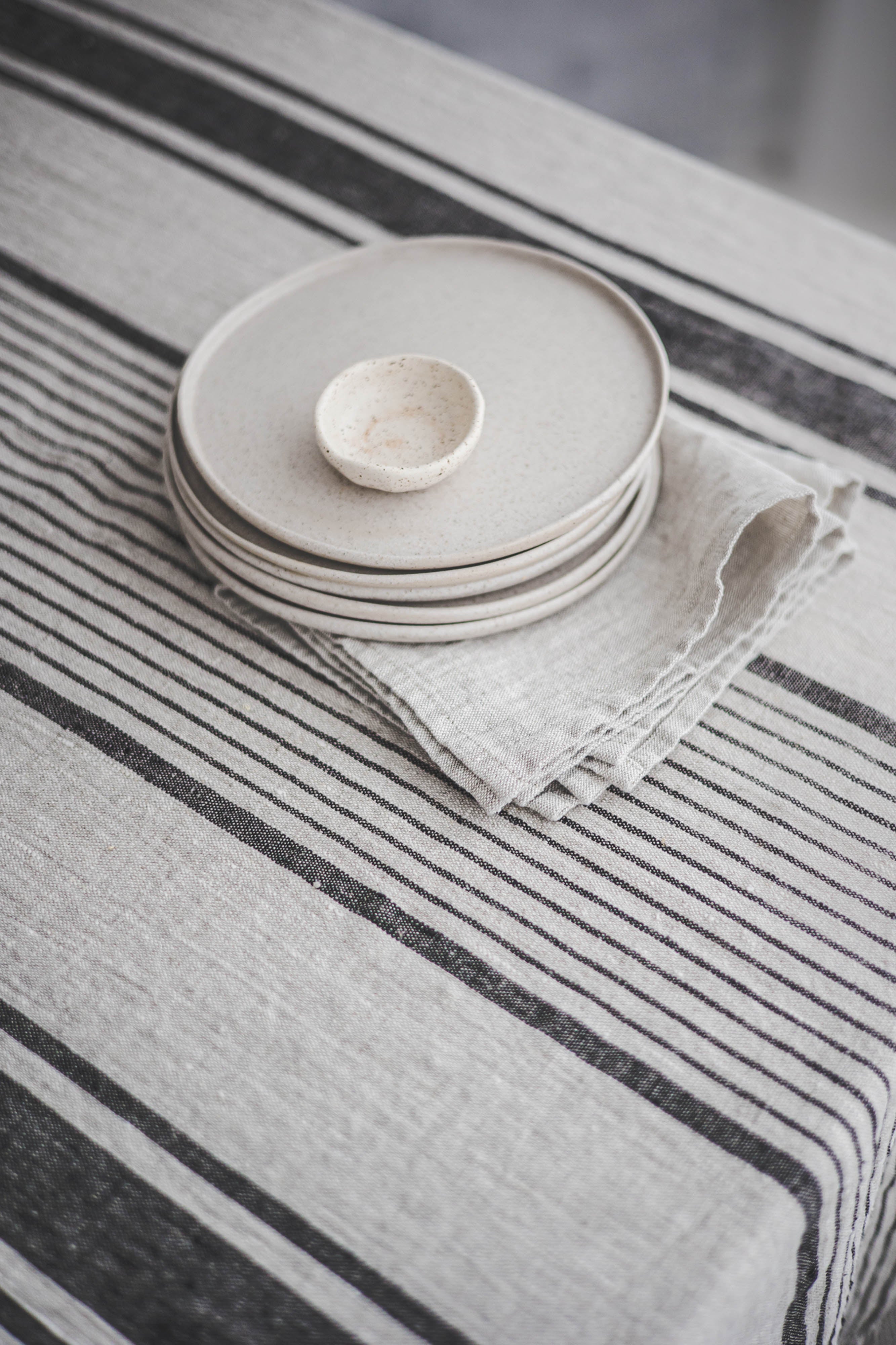 French style linen tablecloth with black stripes