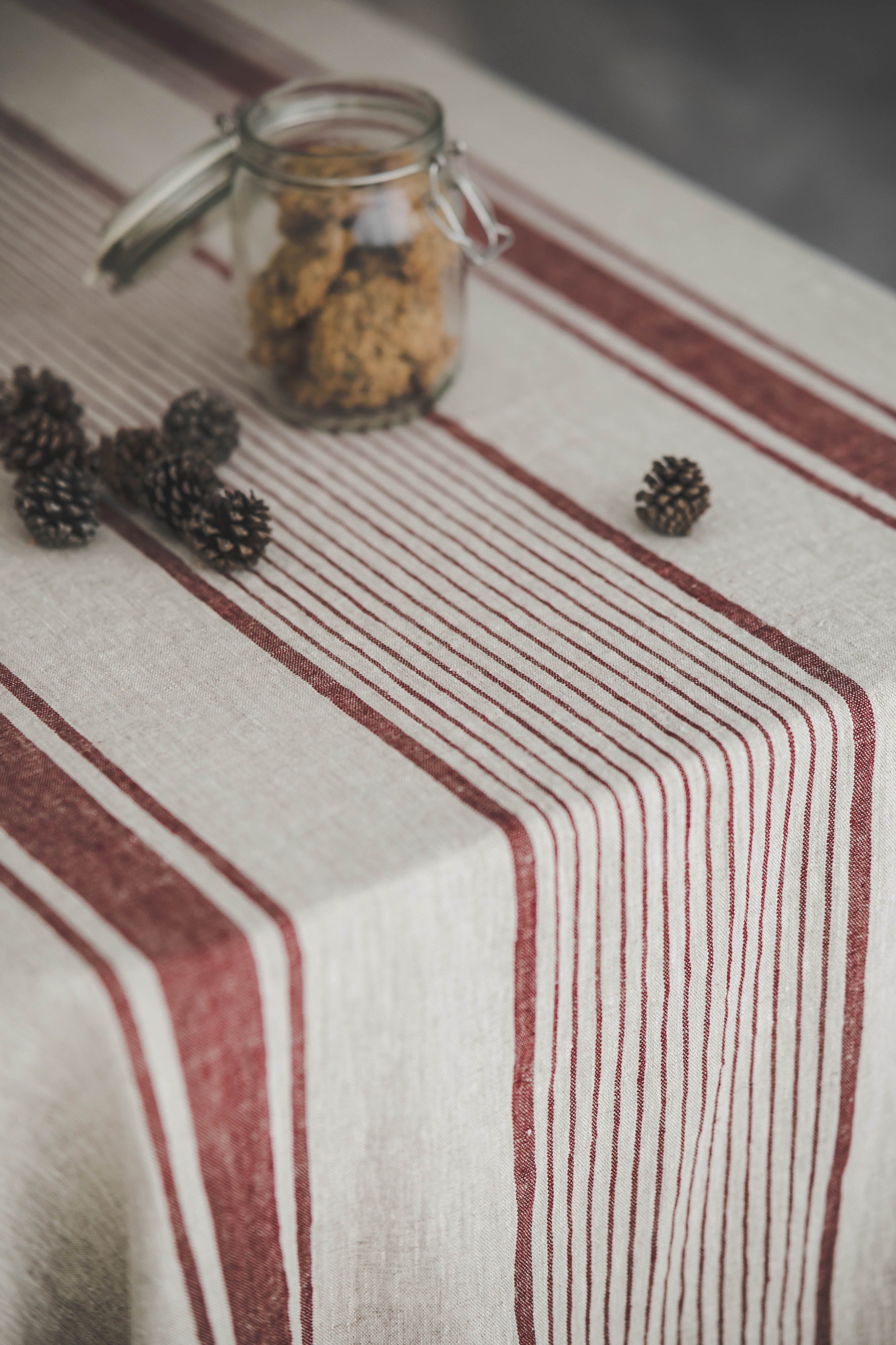 Linen tablecloth with cherry red stripes