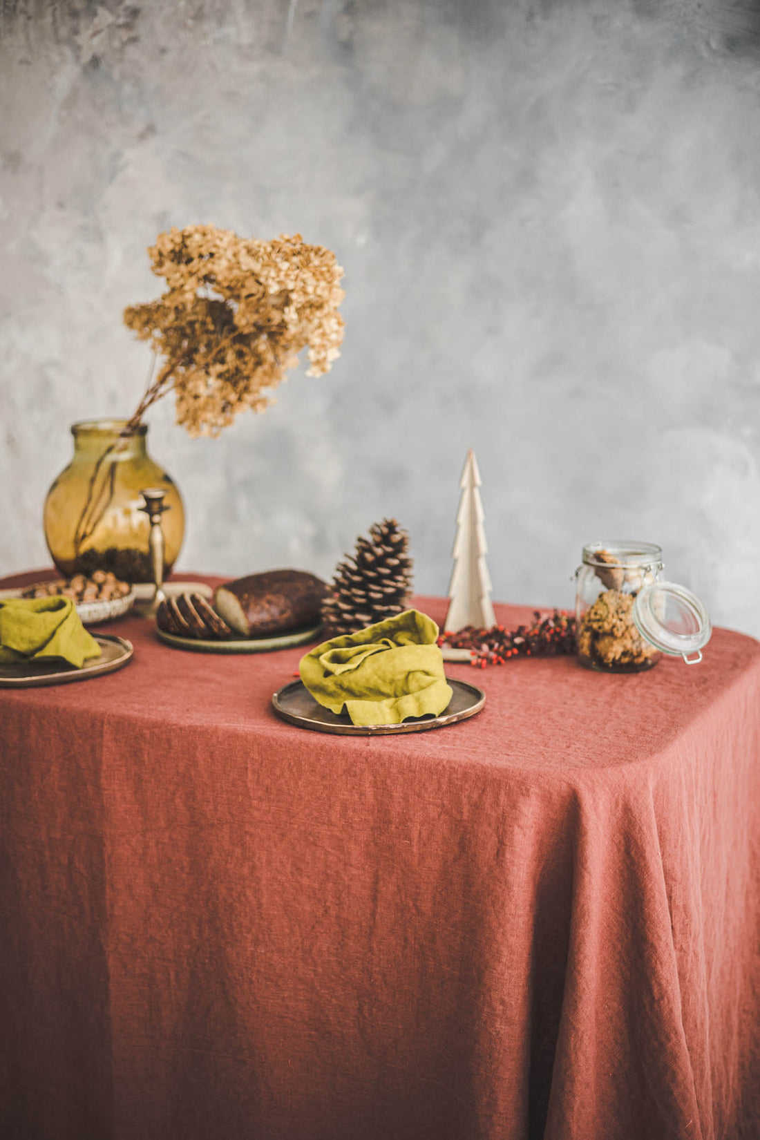 Terracotta linen tablecloth with mitered corners