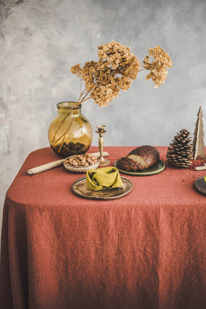 Terracotta linen tablecloth with mitered corners