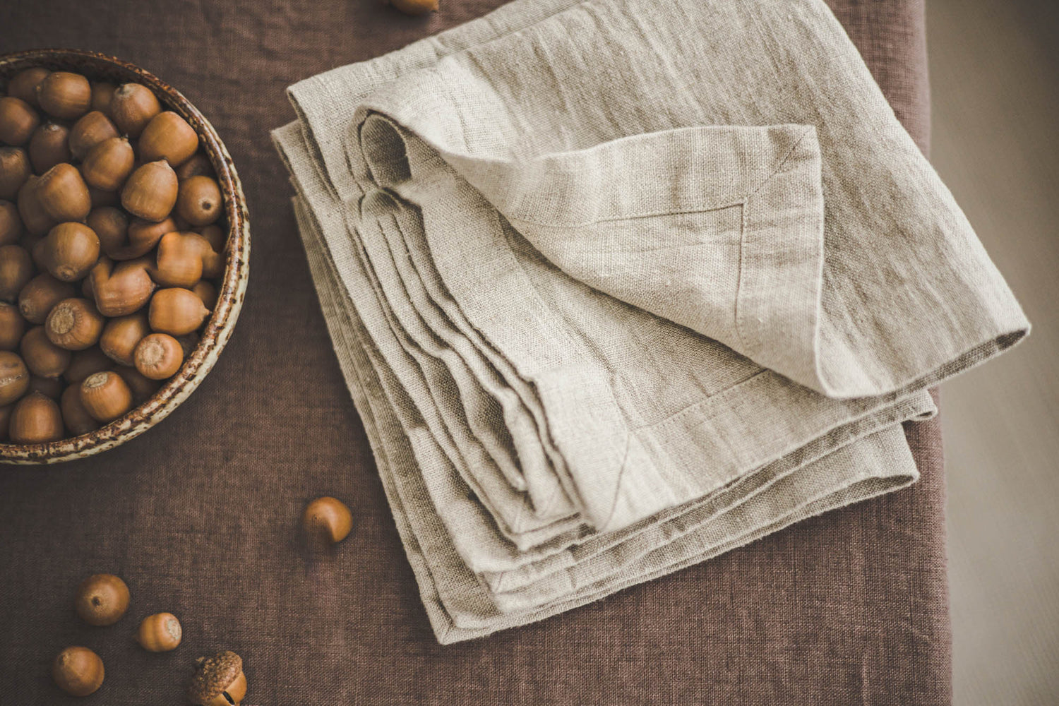 Natural linen napkins with mitered corners