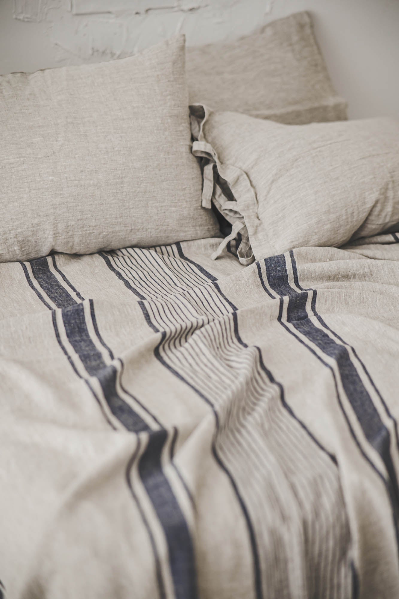 French style linen bedspread with blue stripes