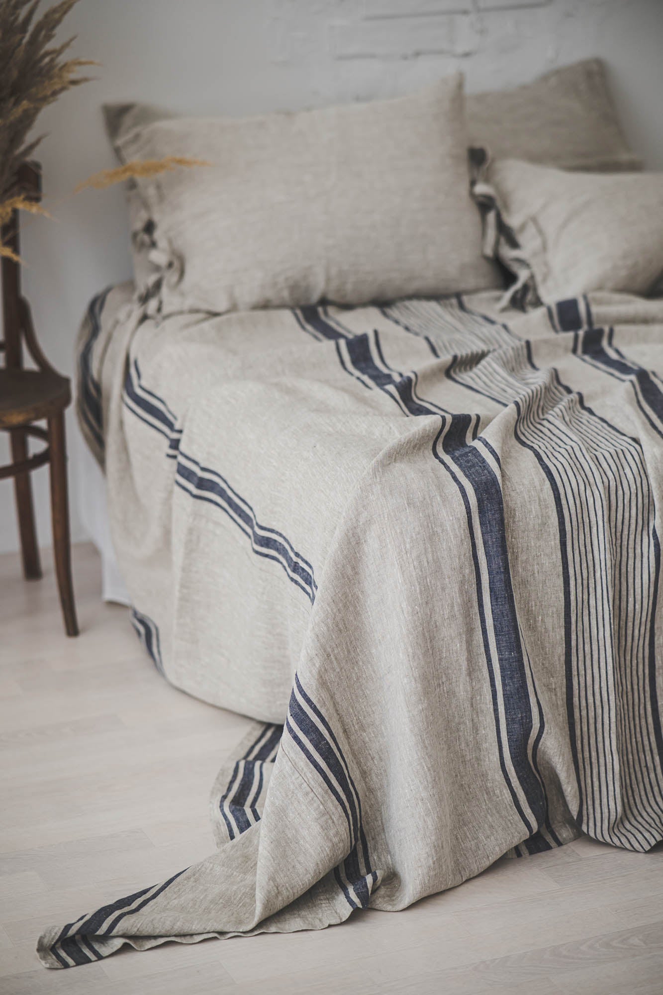 French style linen bedspread with blue stripes