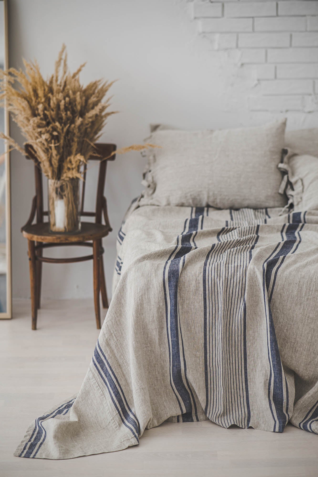 French style linen bedspread with blue stripes