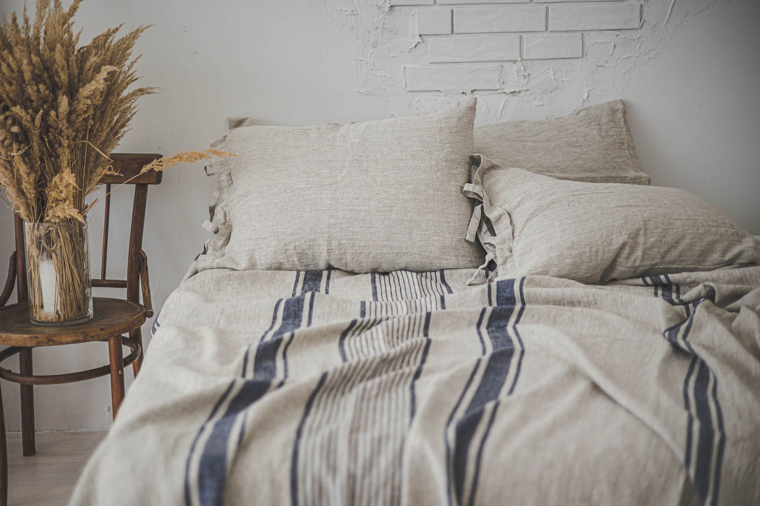 French style linen bedspread with blue stripes