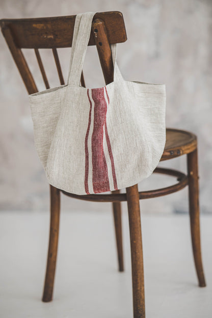 Linen handbag with cherry red stripes