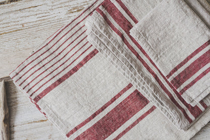 French style linen bath towels with cherry red stripes