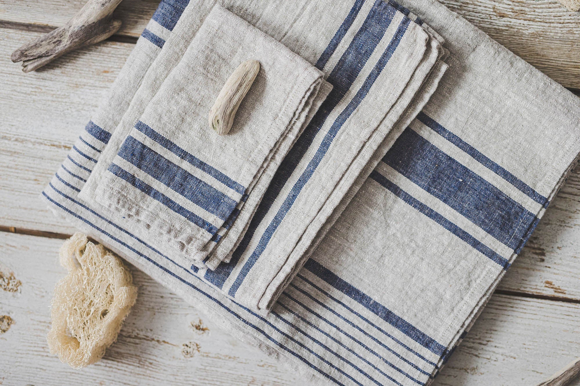 Linen bath towels with blue stripes
