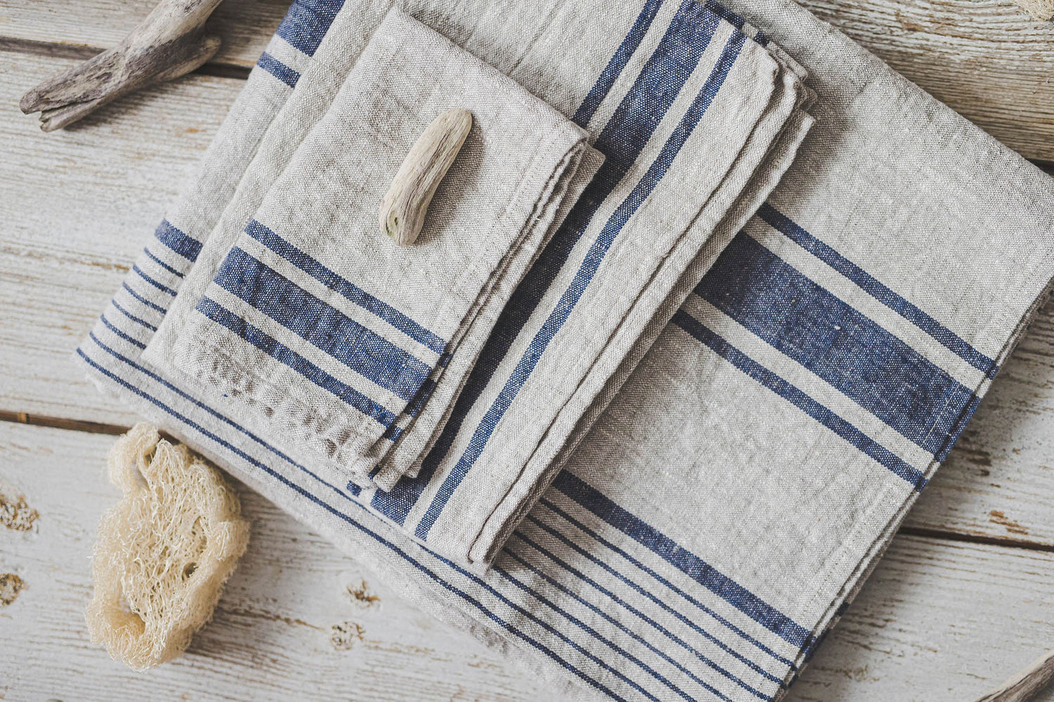 French style linen bath towels with blue stripes