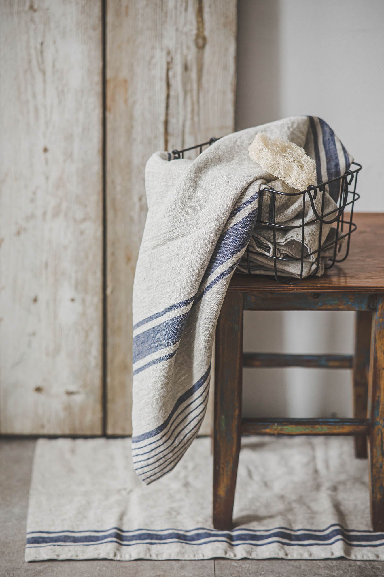 French style linen bath towels with blue stripes