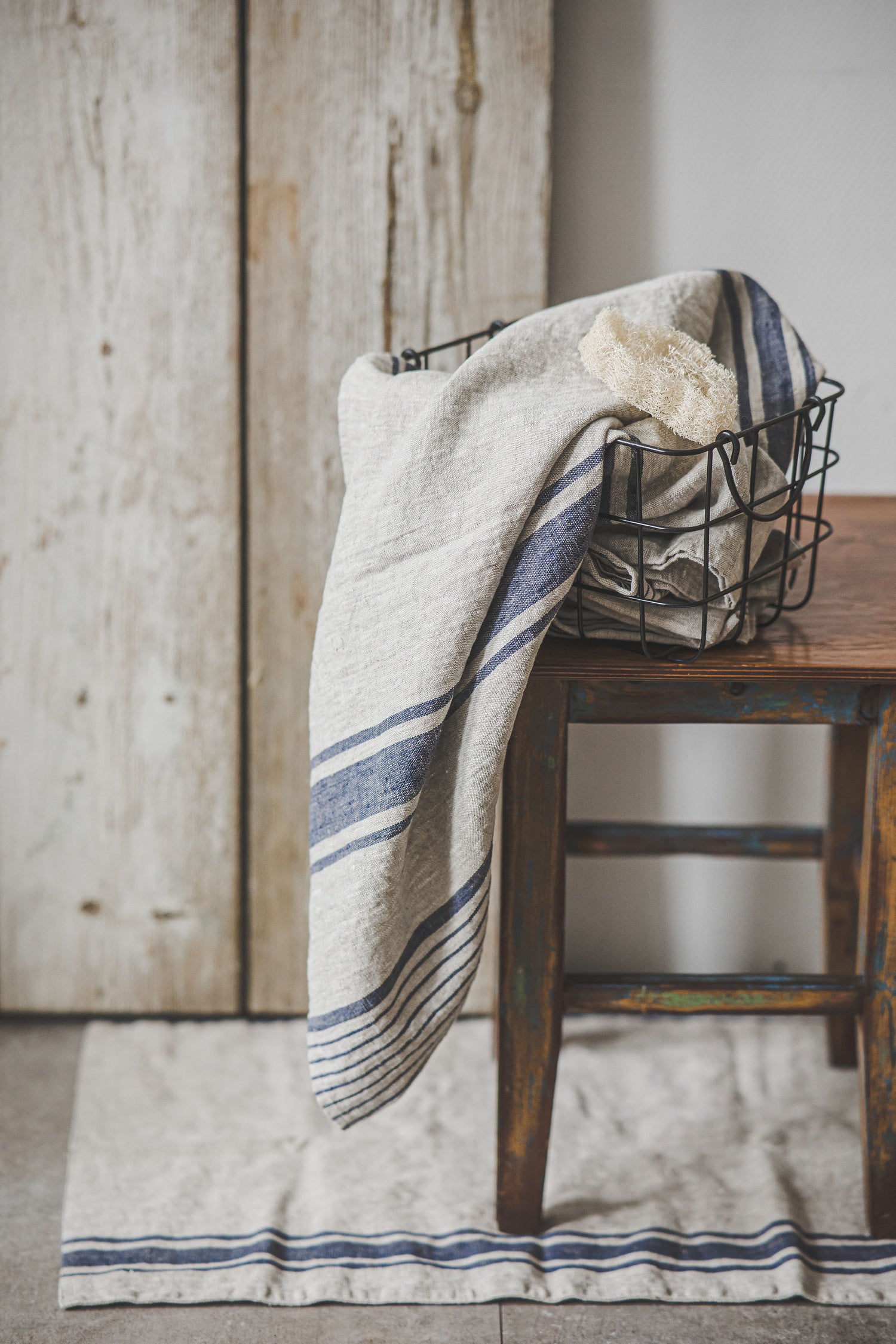 French style linen bath mat with blue stripes