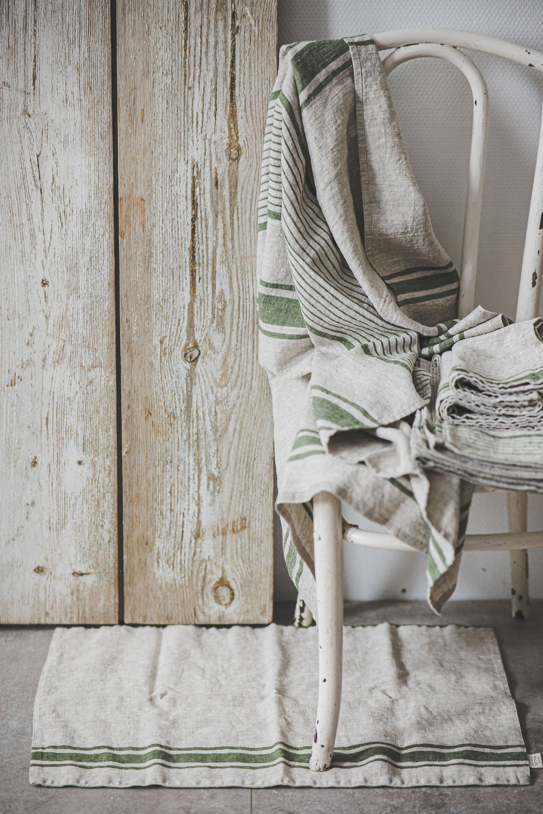 French style linen bath mat with green stripes