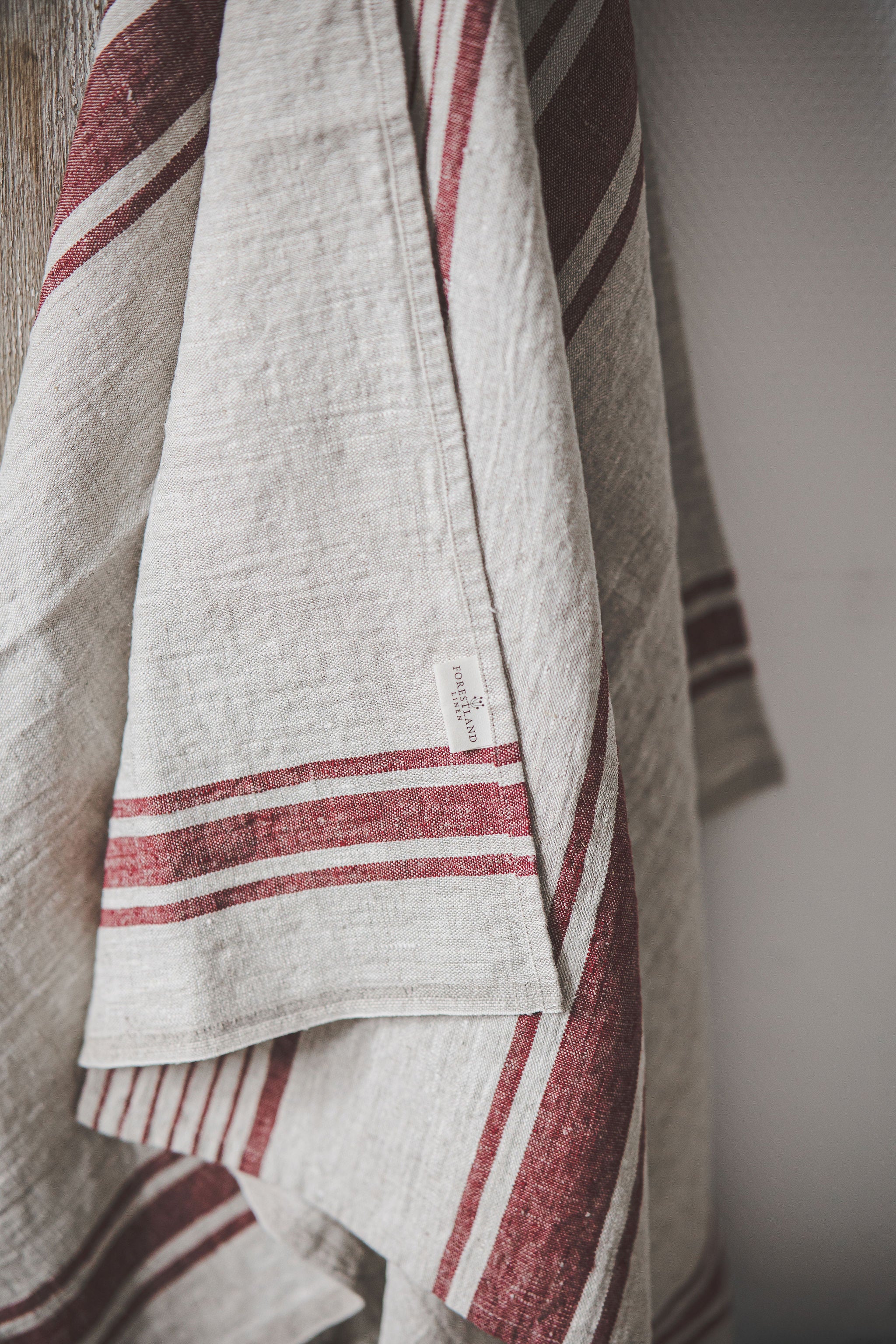 Linen bath towels with cherry red stripes