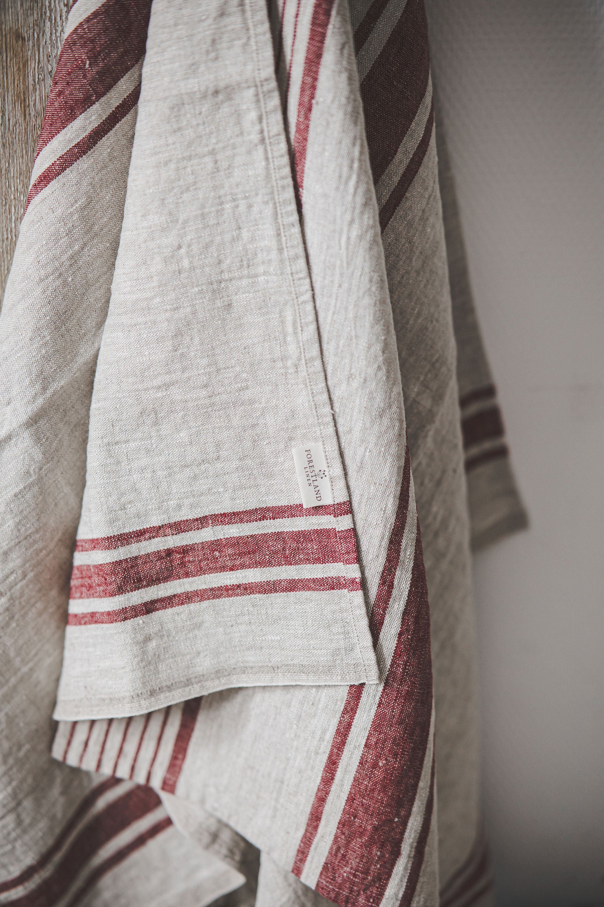 French style linen bath towels with cherry red stripes