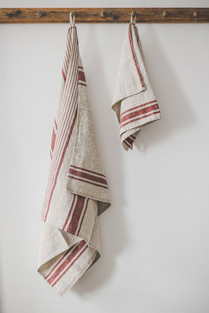 French style linen bath towels with cherry red stripes