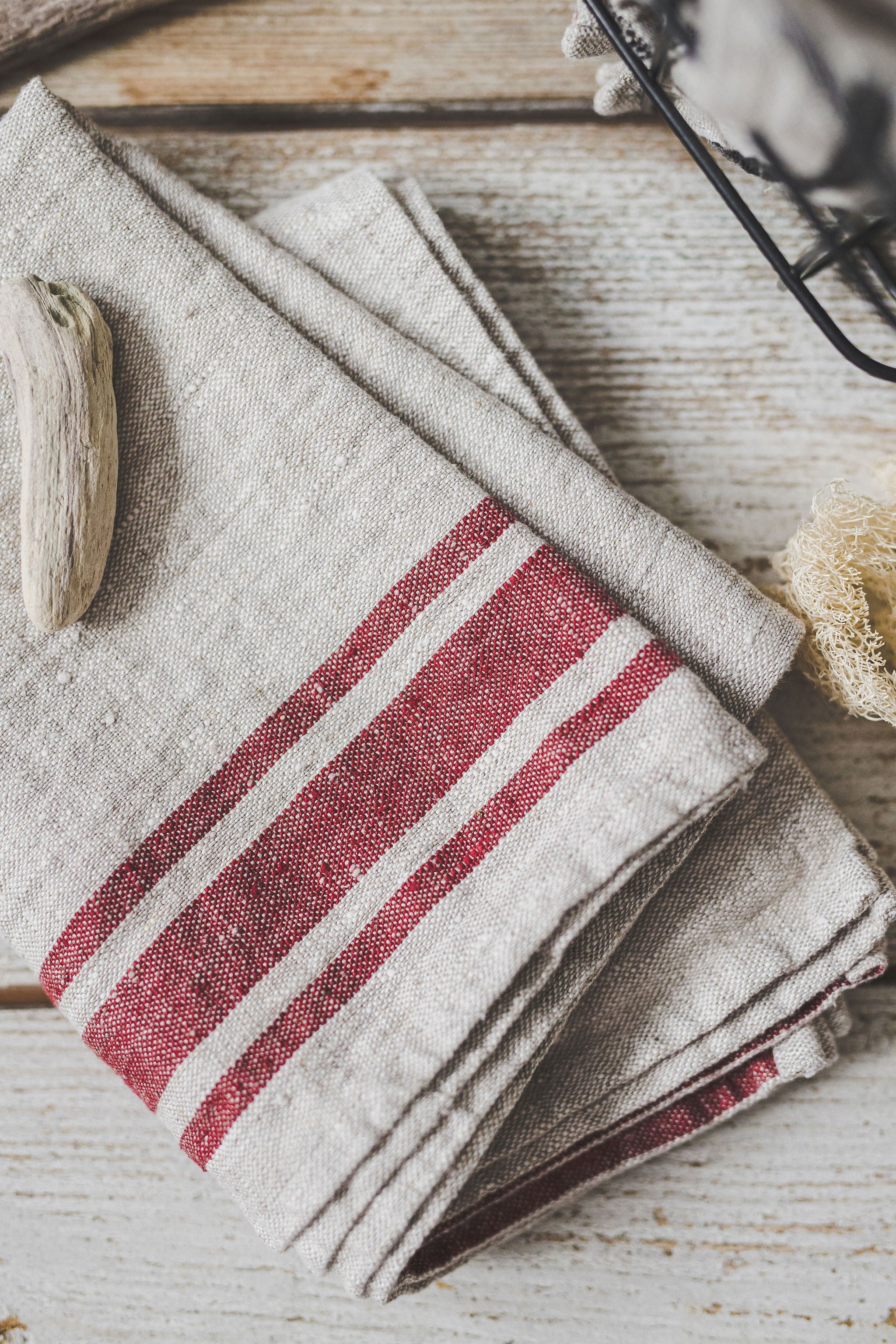 French style linen bath towels with cherry red stripes