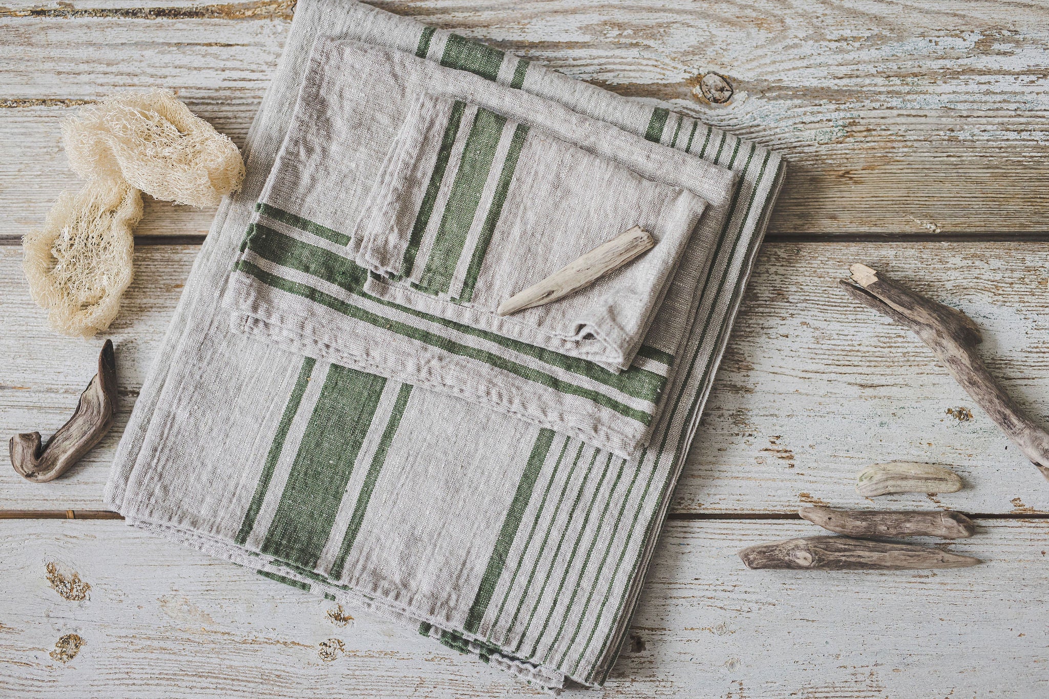 Set of 2 Forest Green Natural Striped Linen Tea Towels Provence - LinenMe