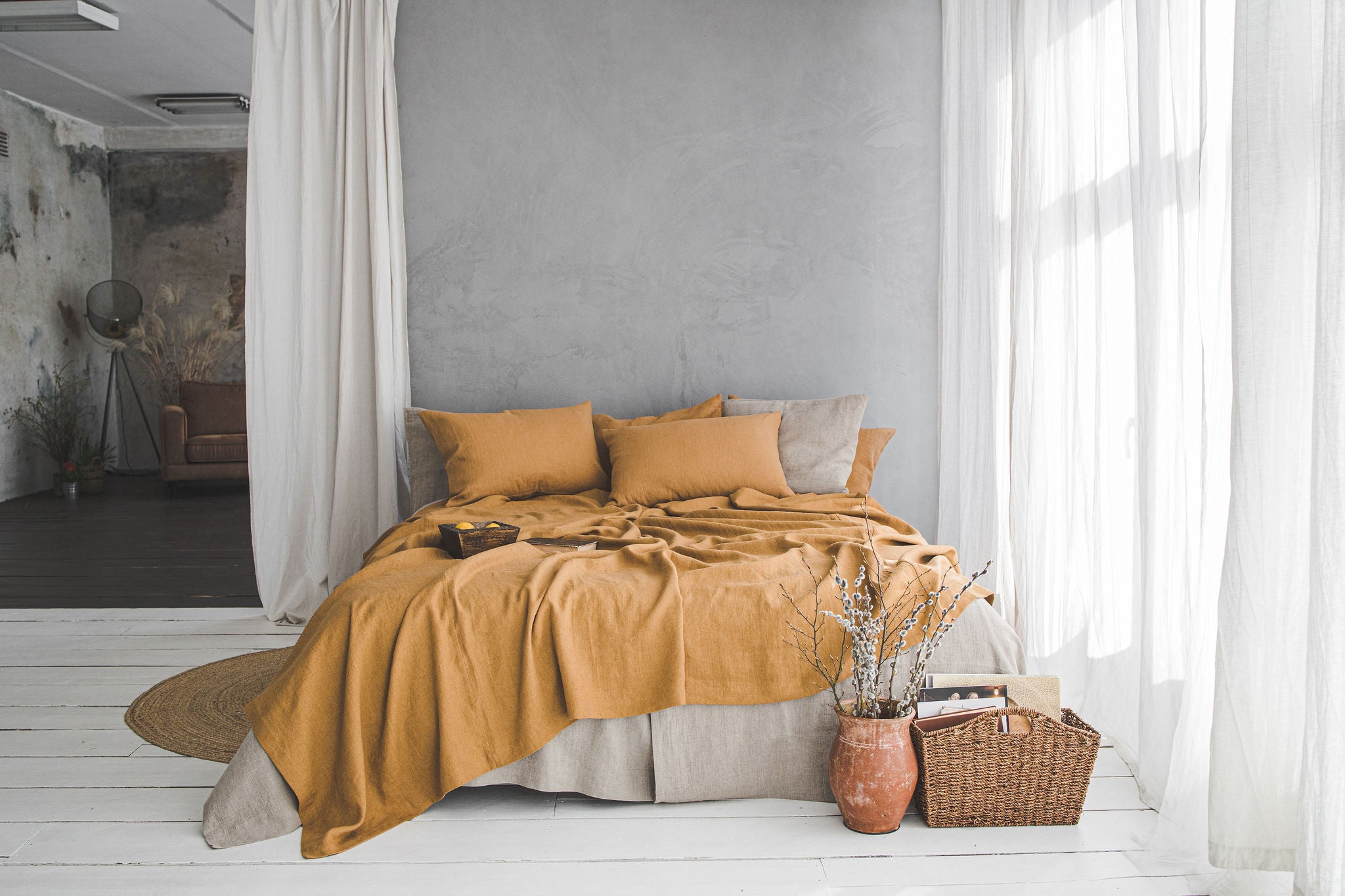 Camel linen bedspread