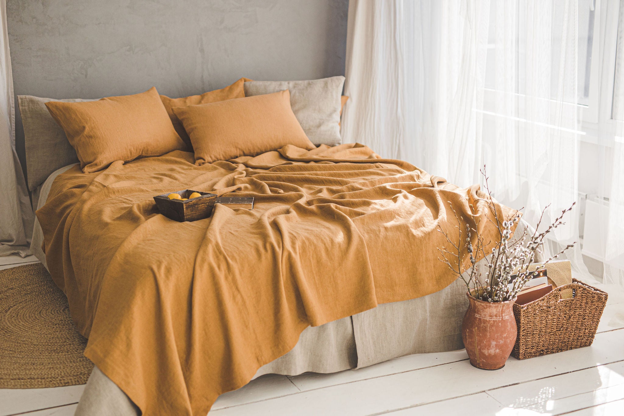 Camel linen bedspread