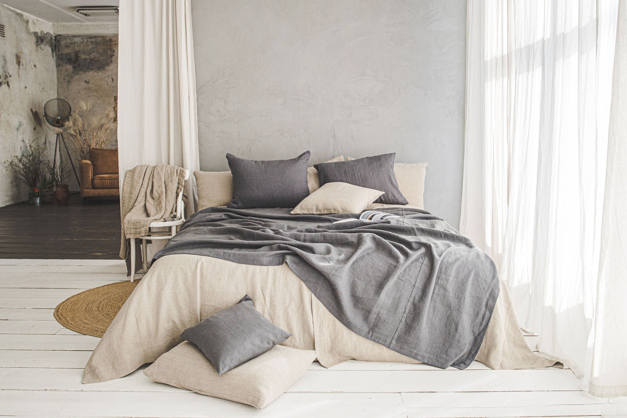 Charcoal gray linen bedspread