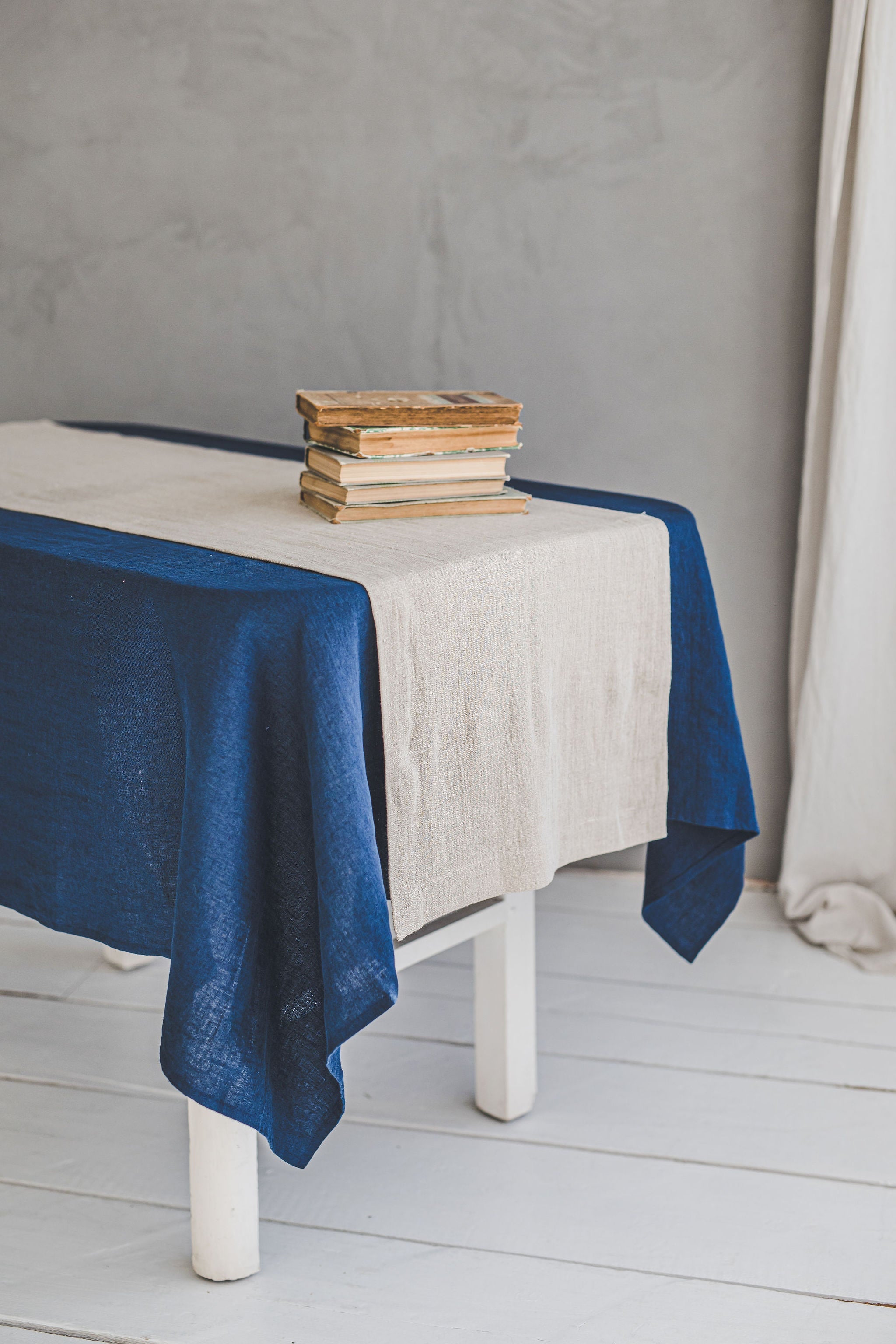 Natural linen table runner with mitered corners