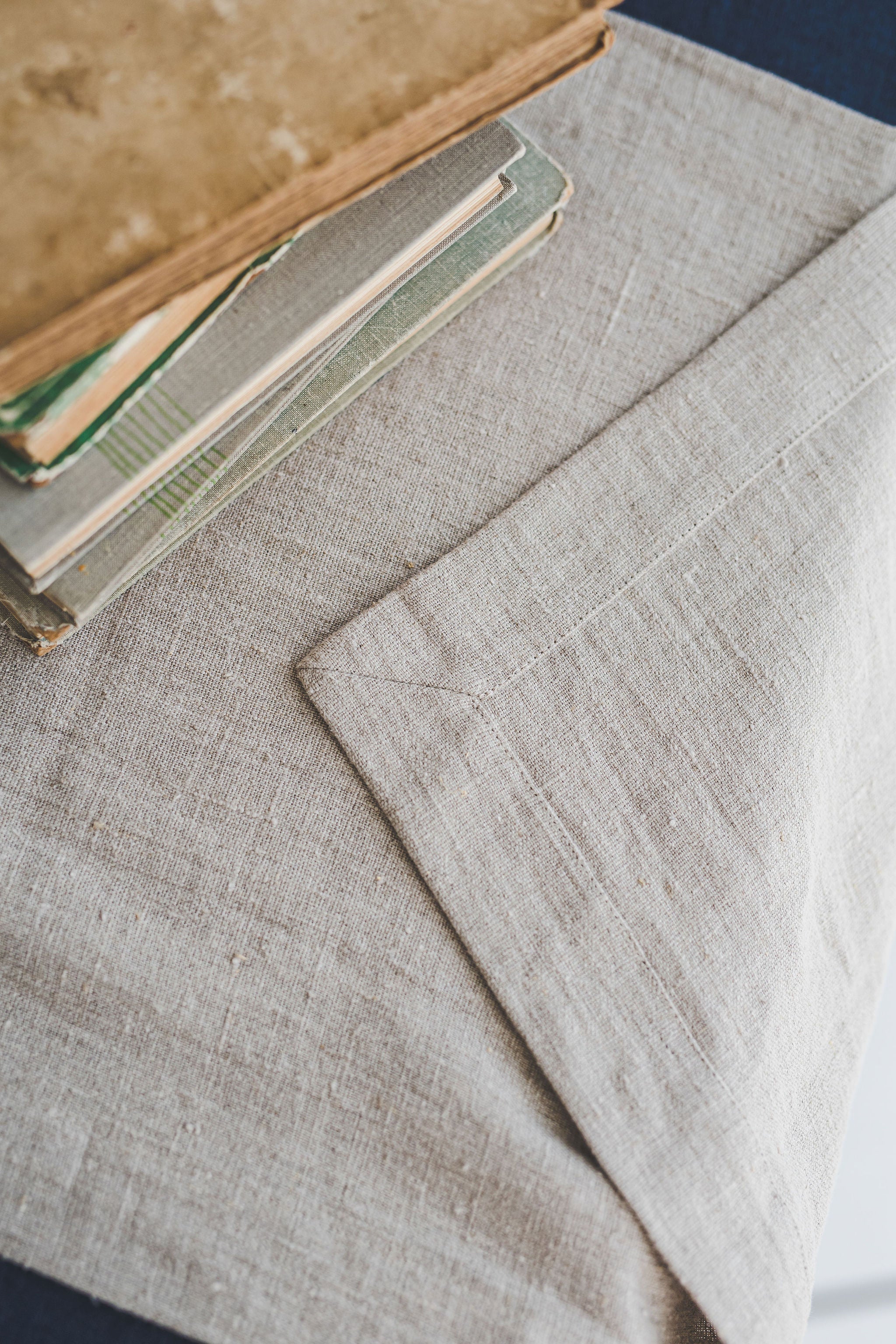 Natural linen table runner with mitered corners