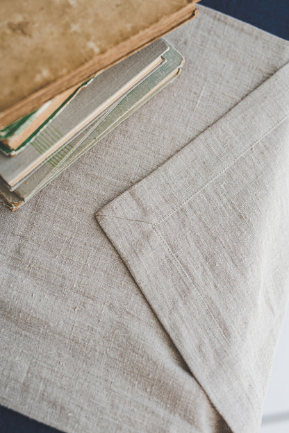 Natural linen table runner with mitered corners