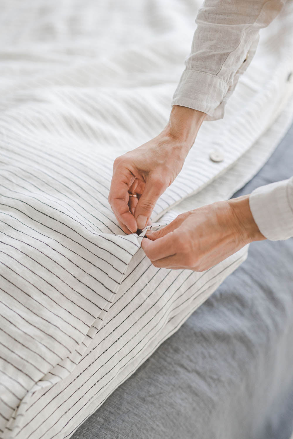 White/black striped linen duvet cover with buttons