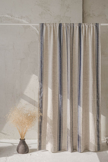 French style linen curtain with blue stripes