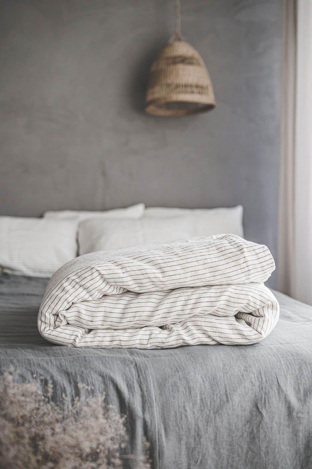 White/black striped linen duvet cover with buttons