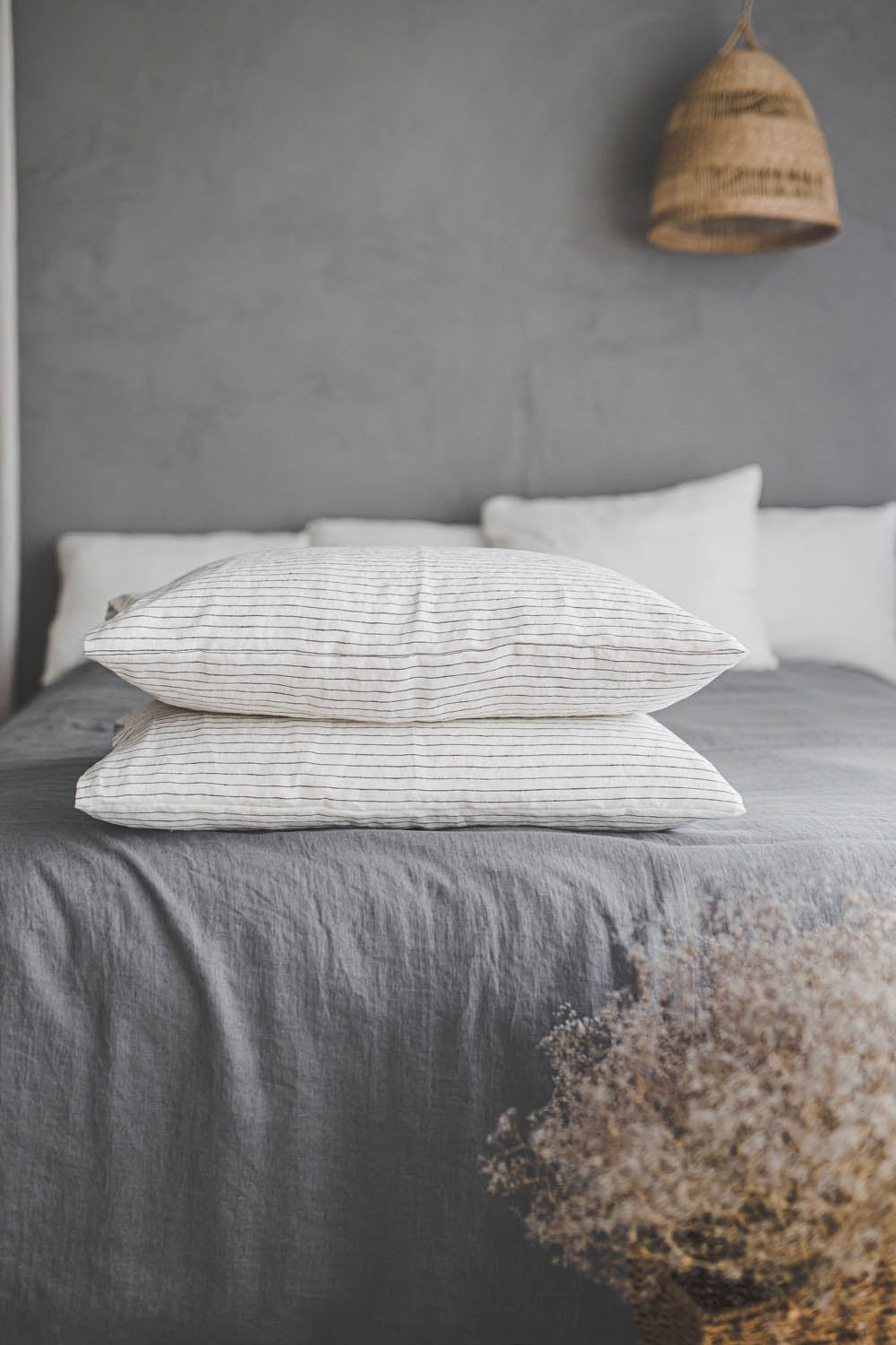 White linen pillowcase with black stripes