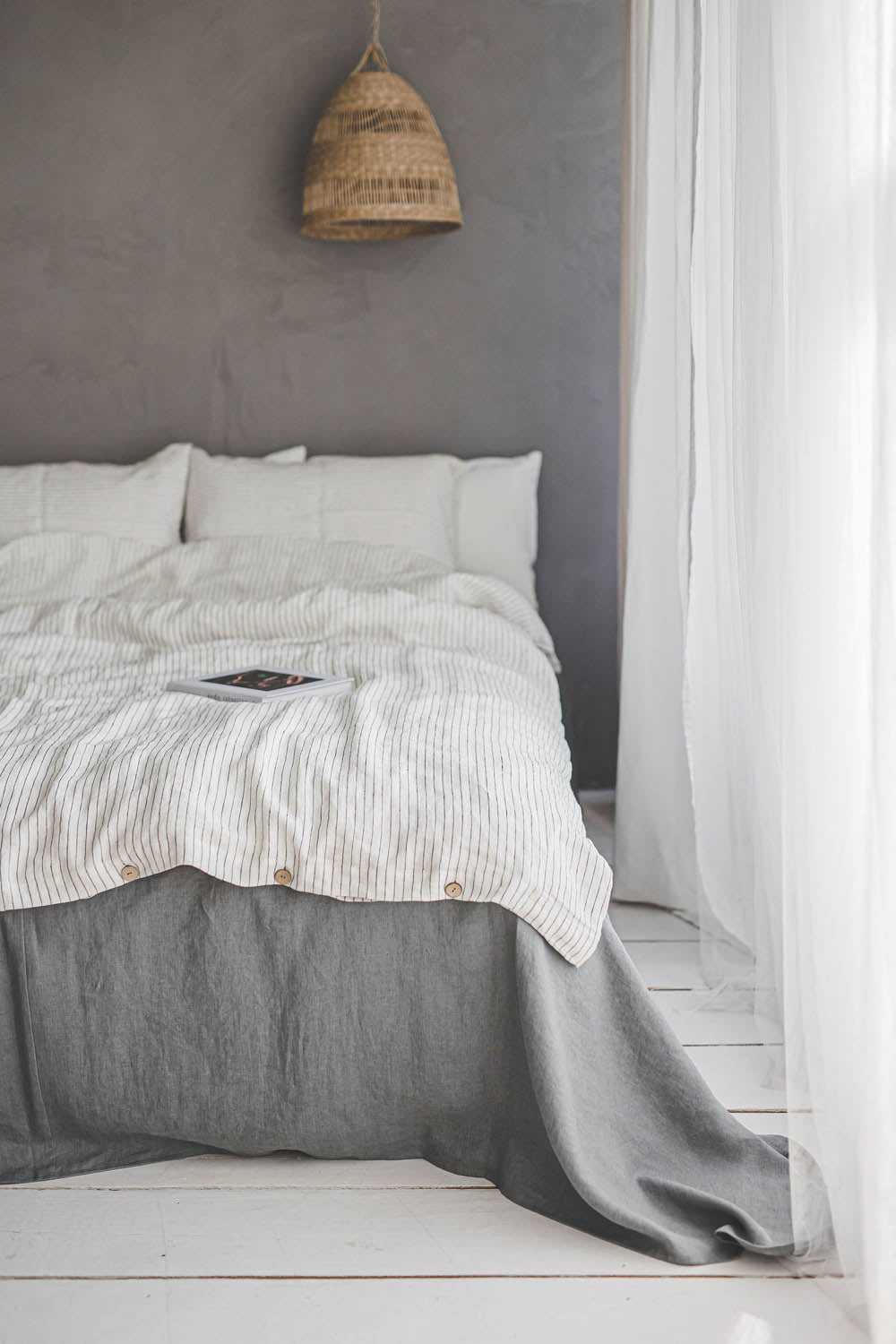 White/black striped linen duvet cover with buttons