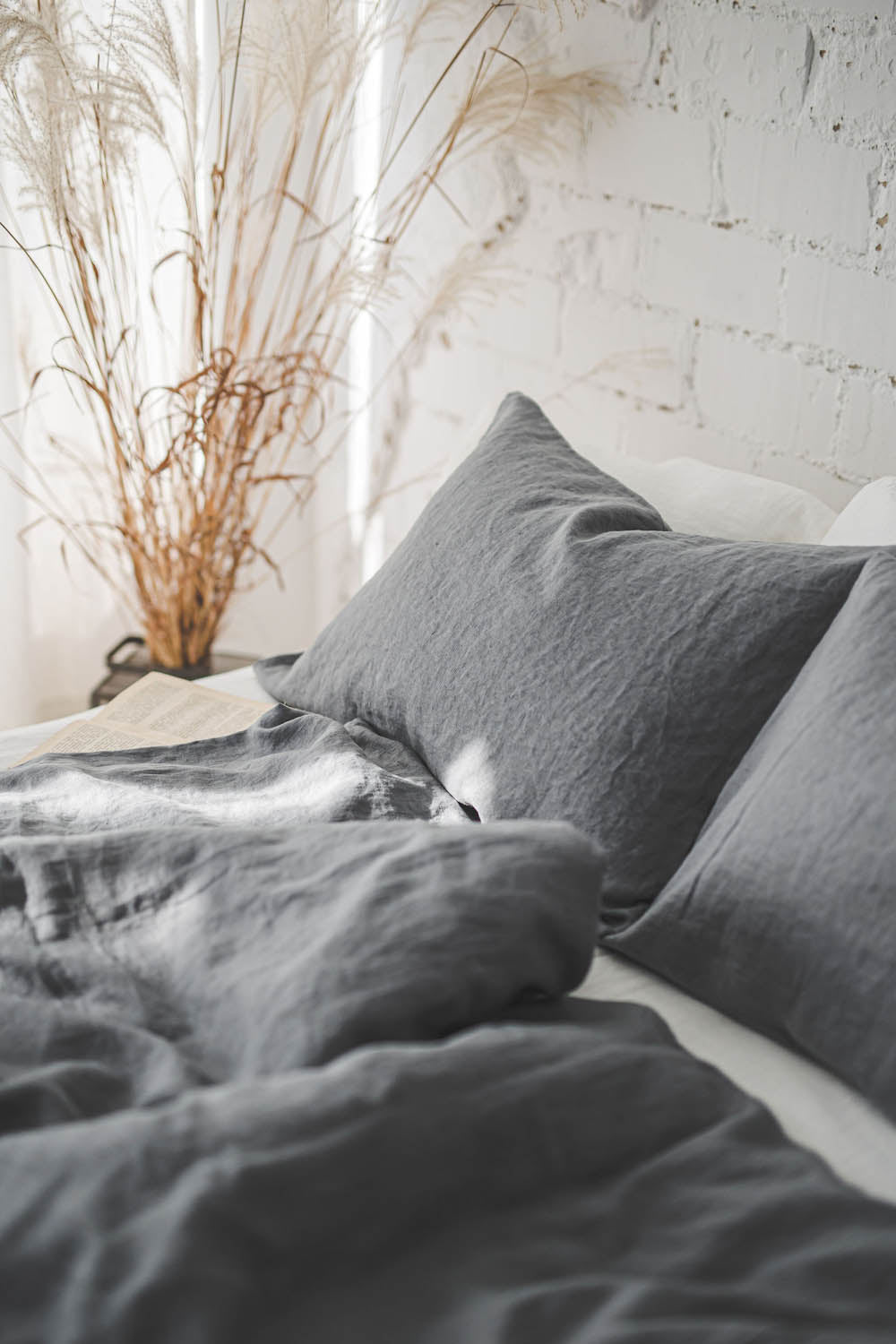 Grey linen duvet cover with buttons