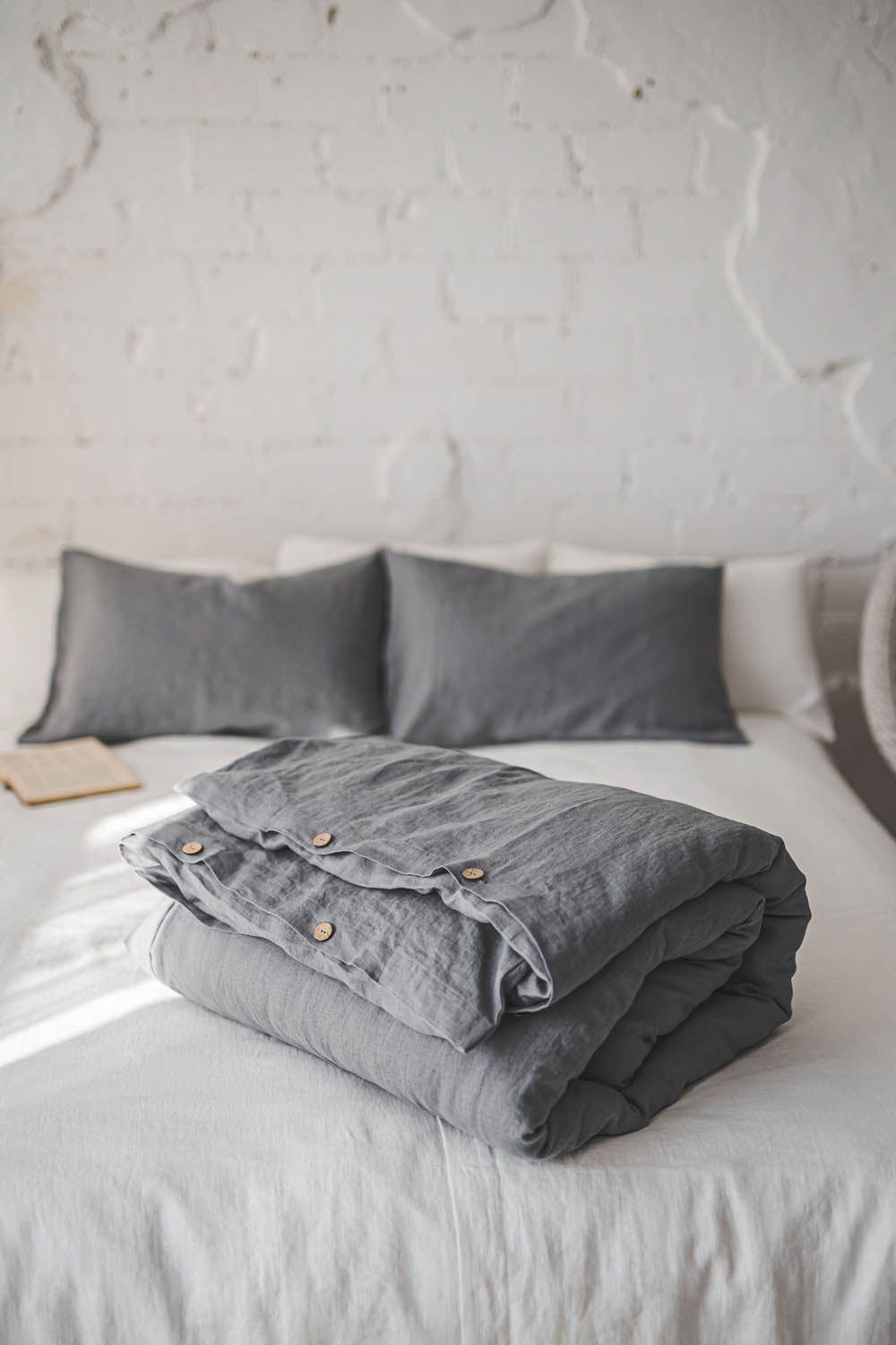 Grey linen duvet cover with buttons