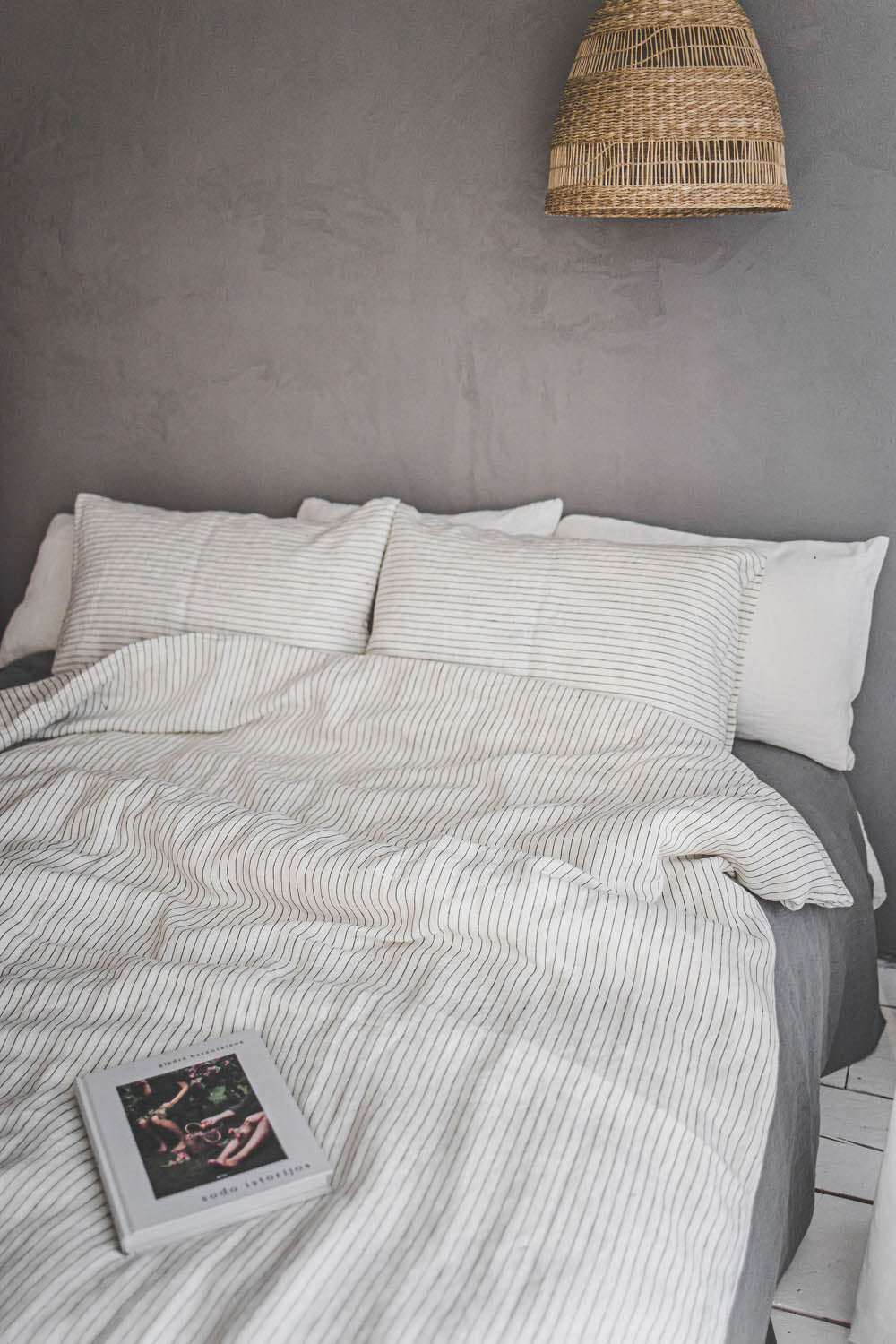 White/black striped linen duvet cover with buttons