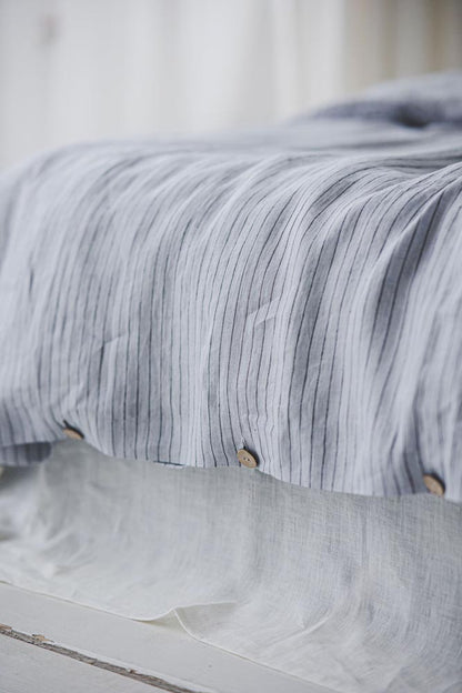 Grey/black striped linen duvet cover with buttons