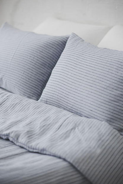 Grey linen pillowcase with black stripes