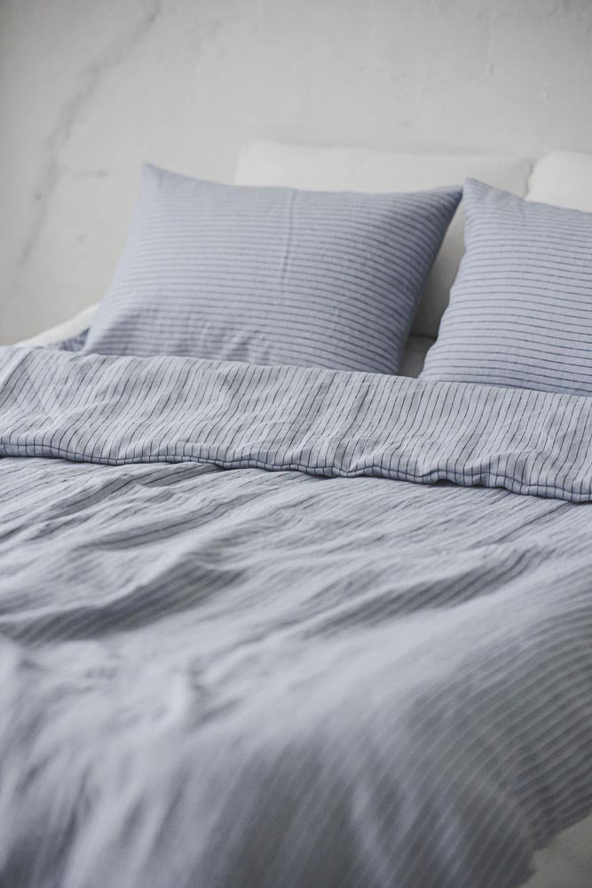 Grey/black striped linen duvet cover with buttons