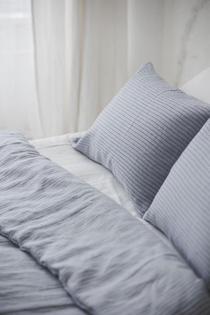 Grey/black striped linen duvet cover with buttons