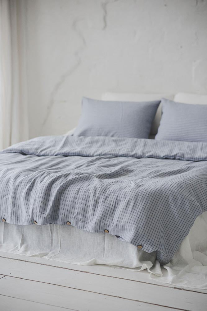 Grey/black striped linen duvet cover with buttons