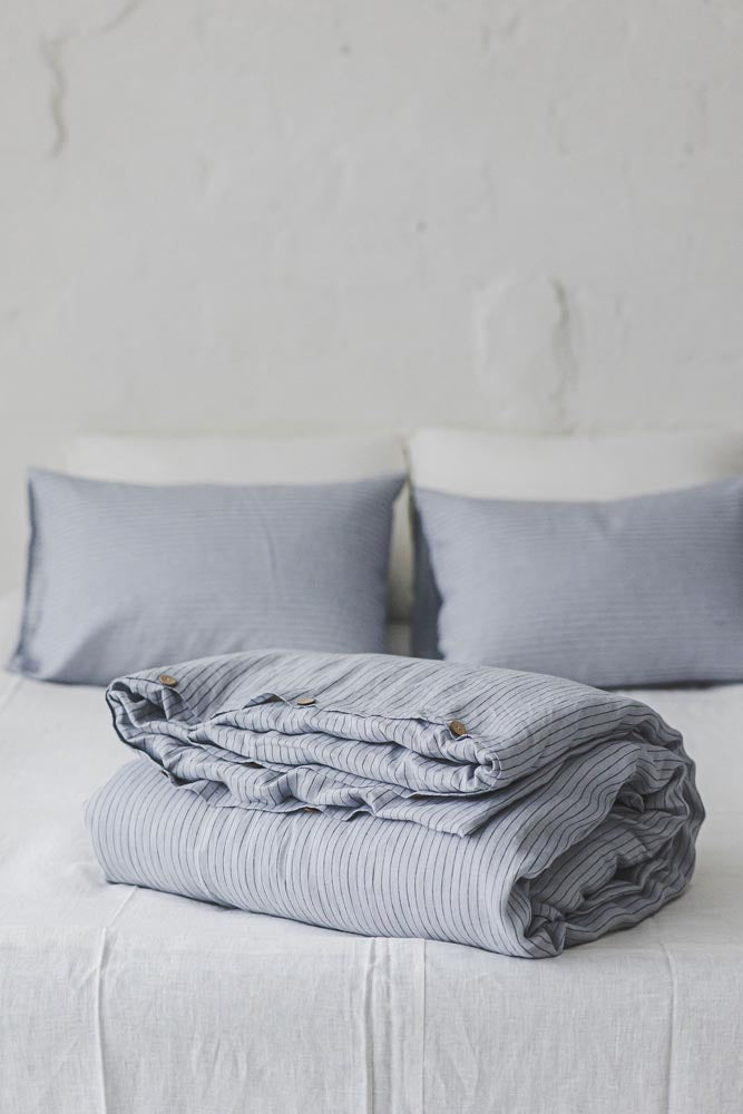 Grey/black striped linen duvet cover with buttons