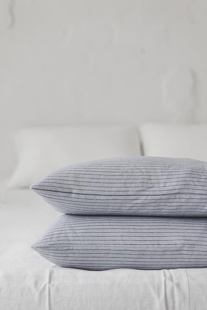 Grey linen pillowcase with black stripes