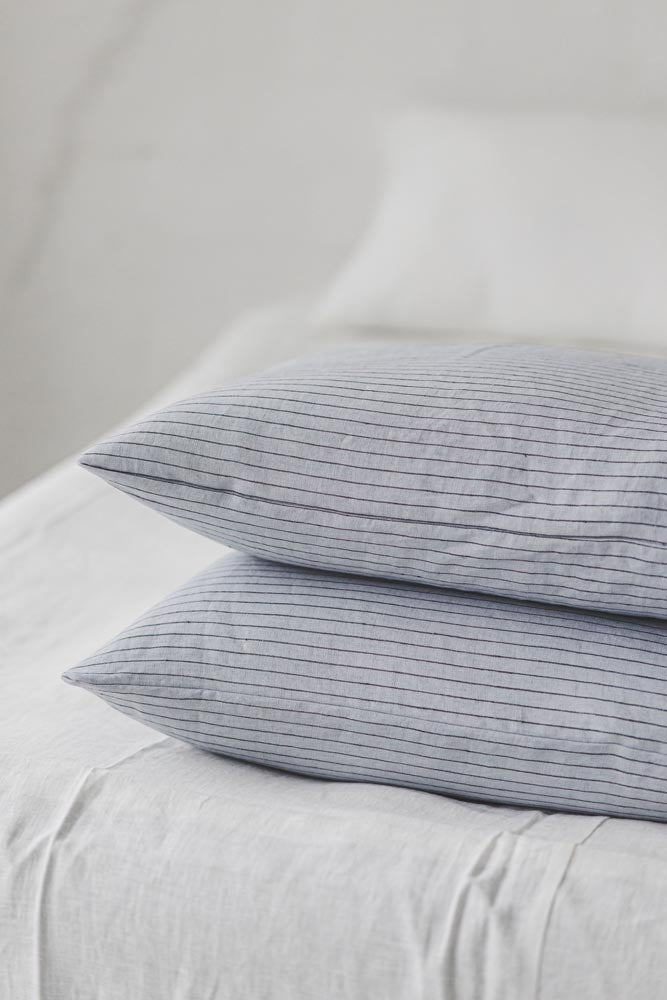 Grey linen pillowcase with black stripes
